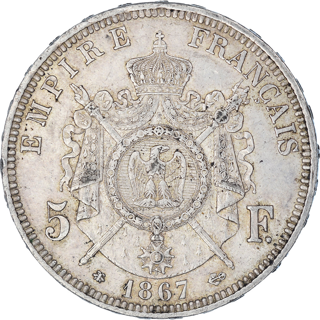 Moneta, Francja, Napoleon III, 5 Francs, 1867, Paris, AU(50-53), Srebro