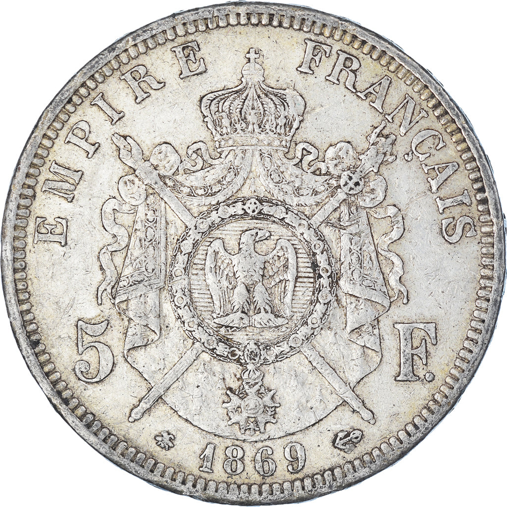 Moneta, Francia, Napoleon III, 5 Francs, 1869, Paris, MB+, Argento, KM:799.1