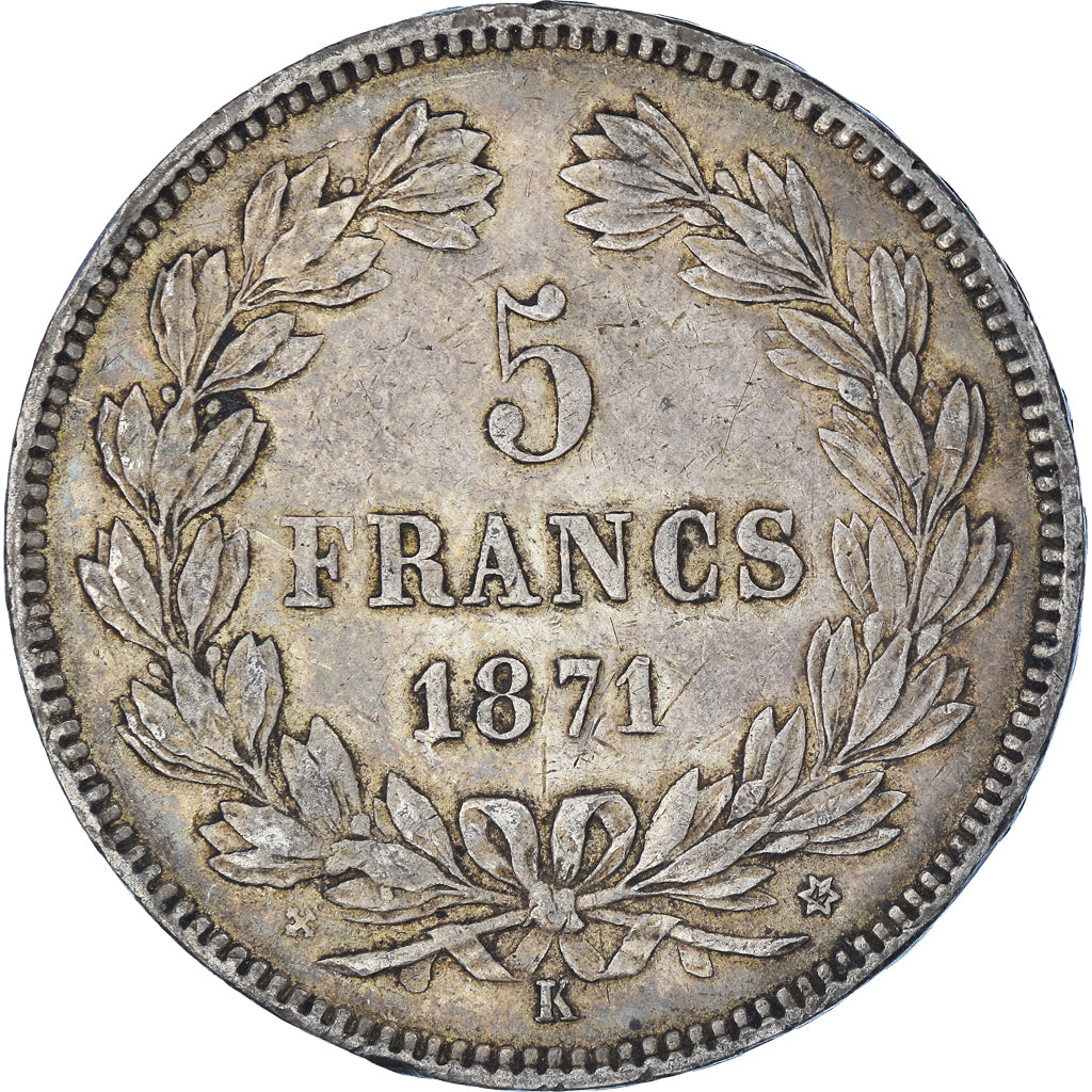 Moneda, Francia, Cérès, 5 Francs, 1871, Bordeaux, MBC, Plata, KM:818.2