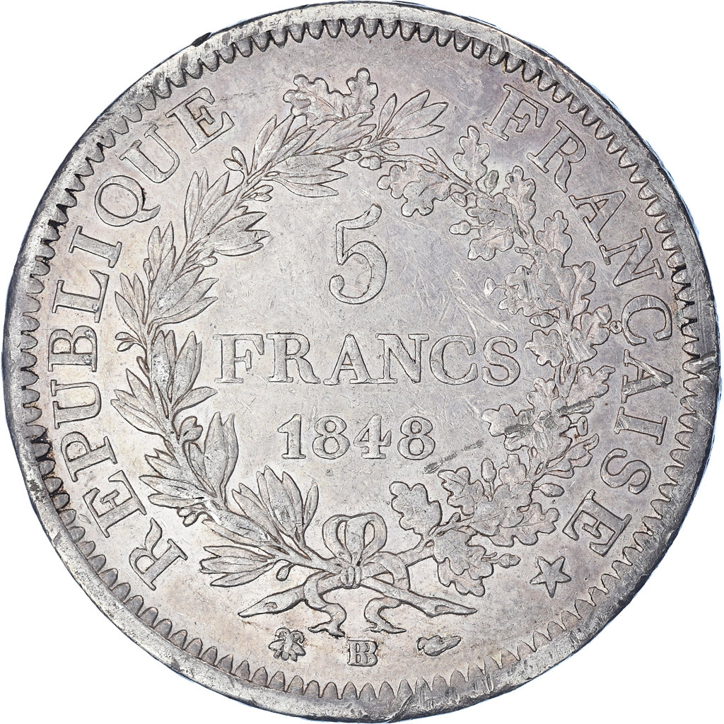 Moeda, França, Hercule, 5 Francs, 1848, Strasbourg, EF(40-45), Prata, KM:756.2
