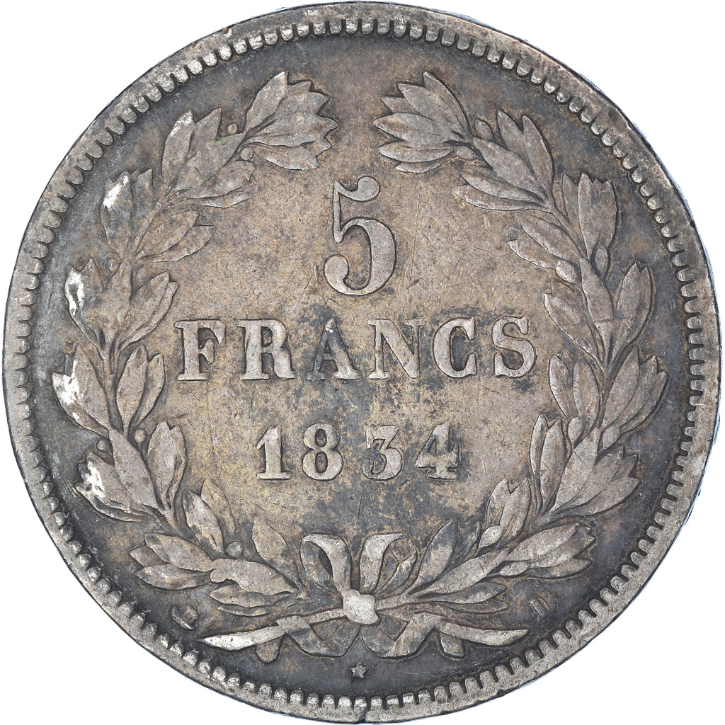 Moneta, Francia, Louis-Philippe, 5 Francs, 1834, Lyon, MB+, Argento, KM:749.4