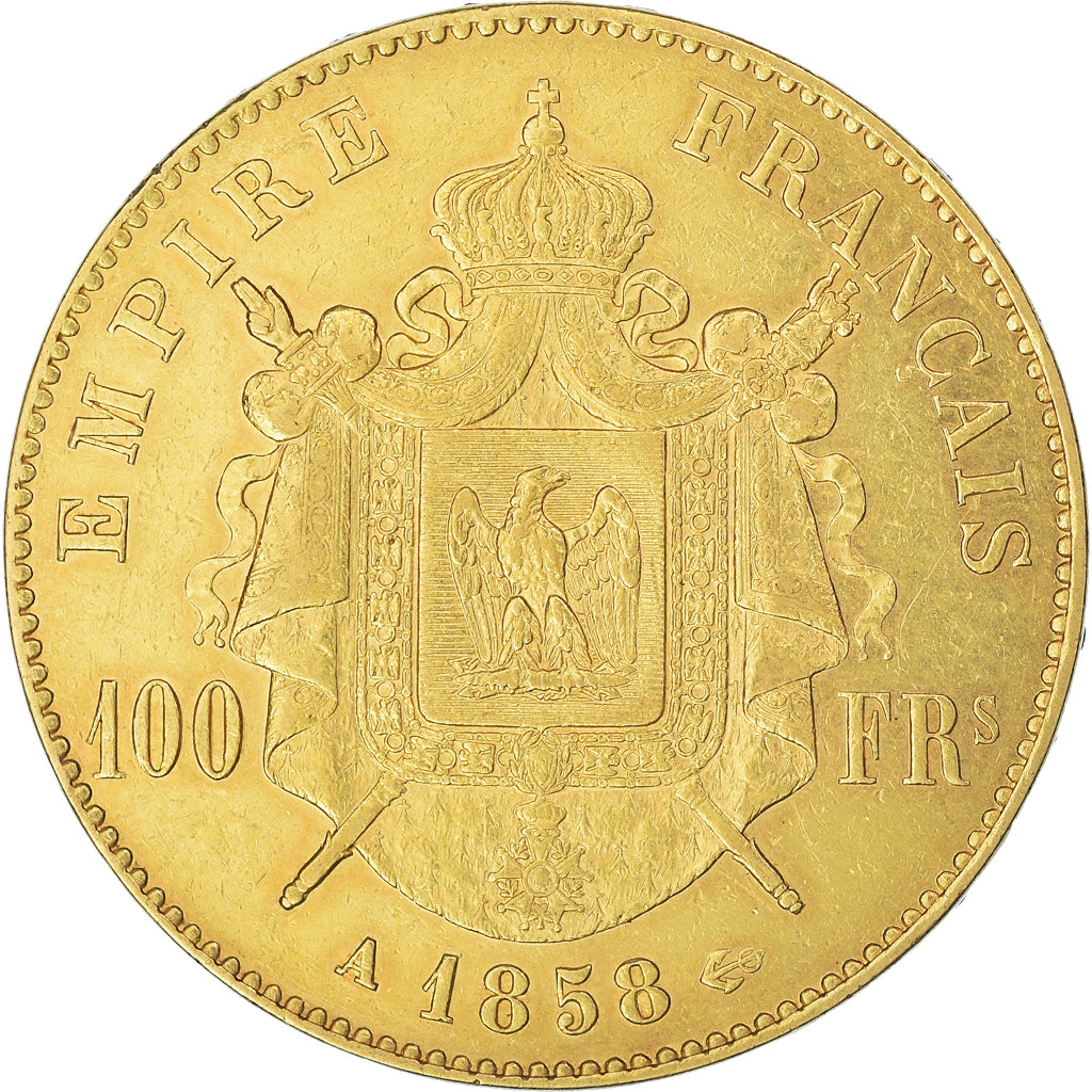 Coin, France, Napoleon III, 100 Francs, 1858, Paris, AU(50-53), Gold, KM:786.1