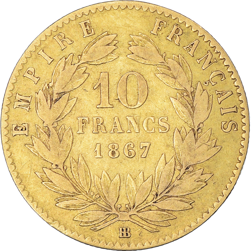 Moneta, Francja, Napoleon III, 10 Francs, 1867, Strasbourg, EF(40-45), Złoto