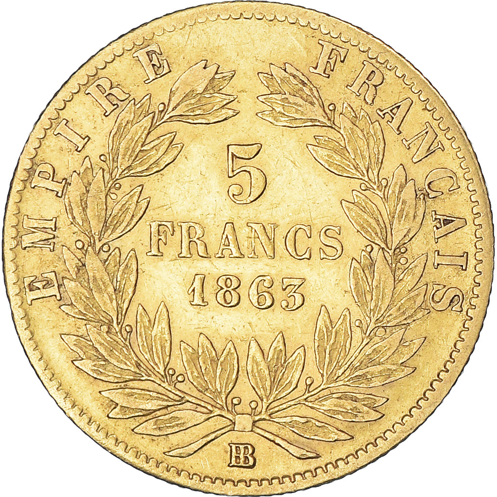 Moneda, Francia, Napoleon III, 5 Francs, 1863, Strasbourg, BC+, Oro, KM:803.2