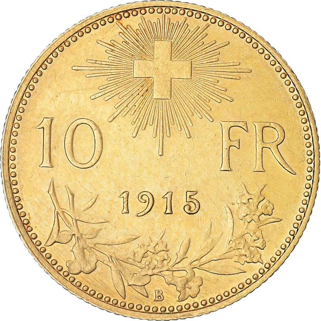 Coin, Switzerland, 10 Francs, 1915, Bern, AU(55-58), Gold, KM:36