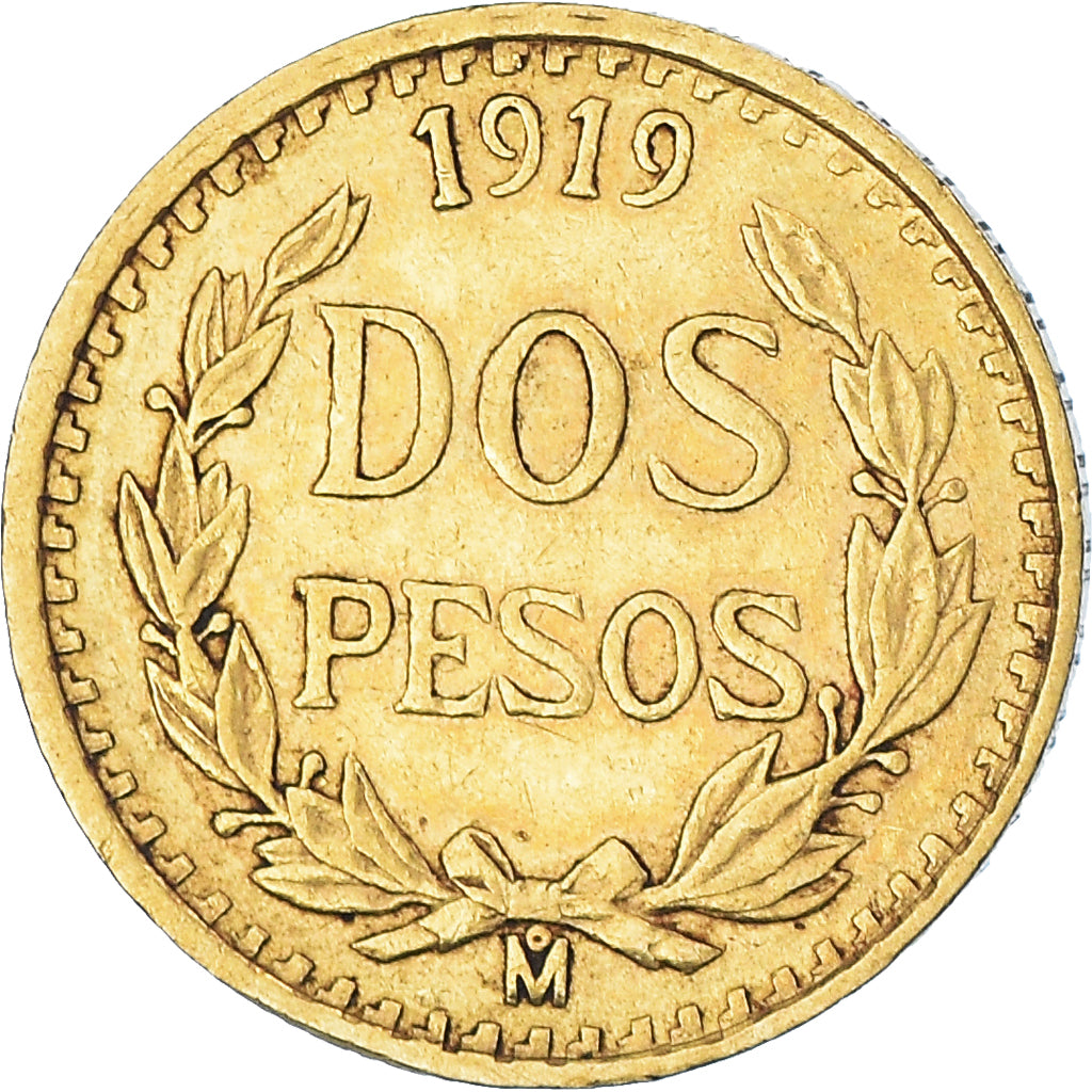 Coin, Mexico, 2 Pesos, 1919, Mexico City, EF(40-45), Gold, KM:461