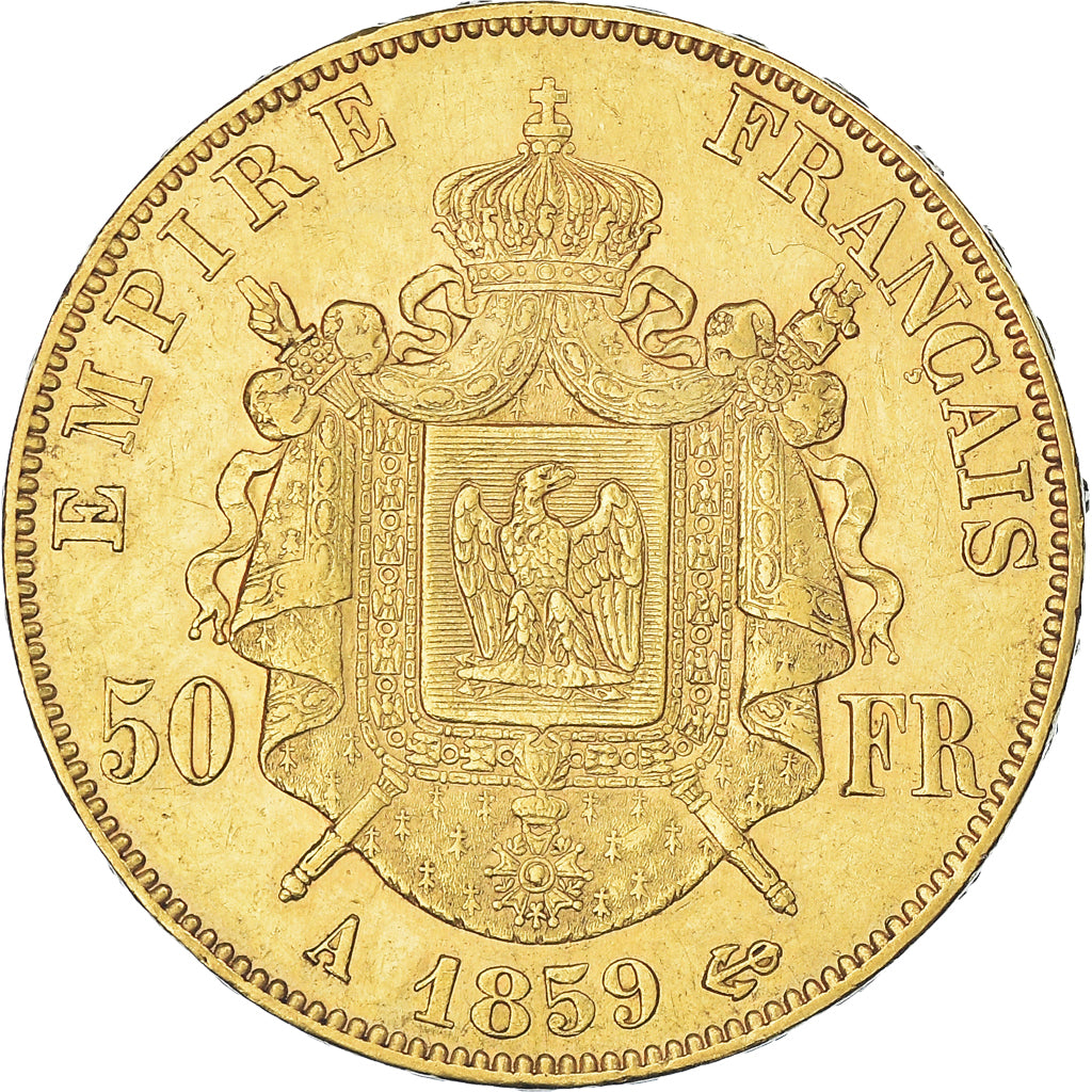 Moneda, Francia, Napoleon III, 50 Francs, 1859, Paris, MBC, Oro, KM:785.1