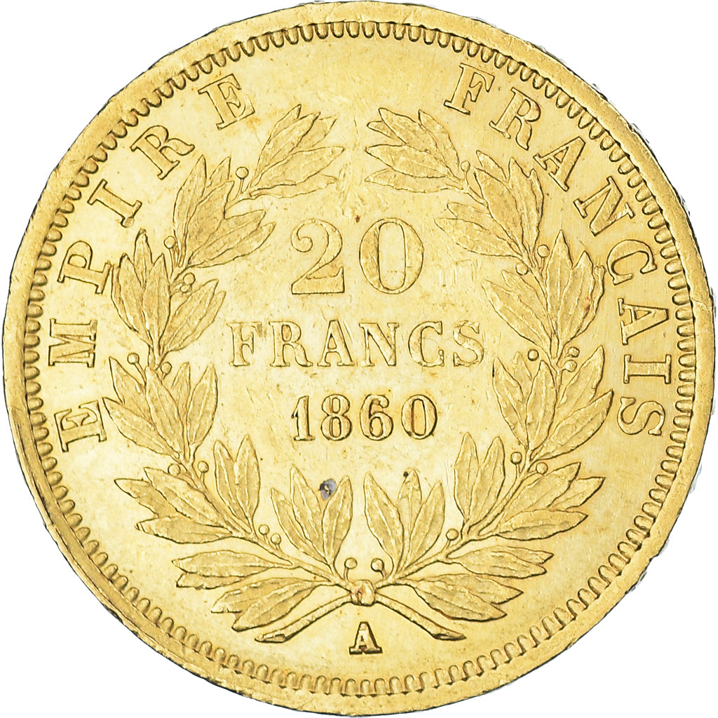 Moneda, Francia, Napoleon III, 20 Francs, 1860, Paris, MBC+, Oro, KM:781.2