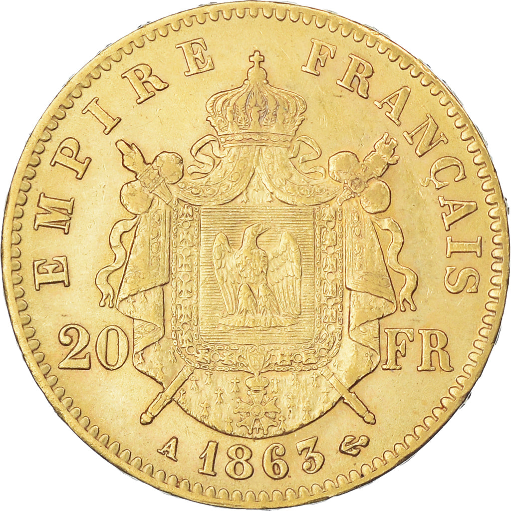 Moeda, França, Napoleon III, 20 Francs, 1863, Paris, AU(50-53), Dourado