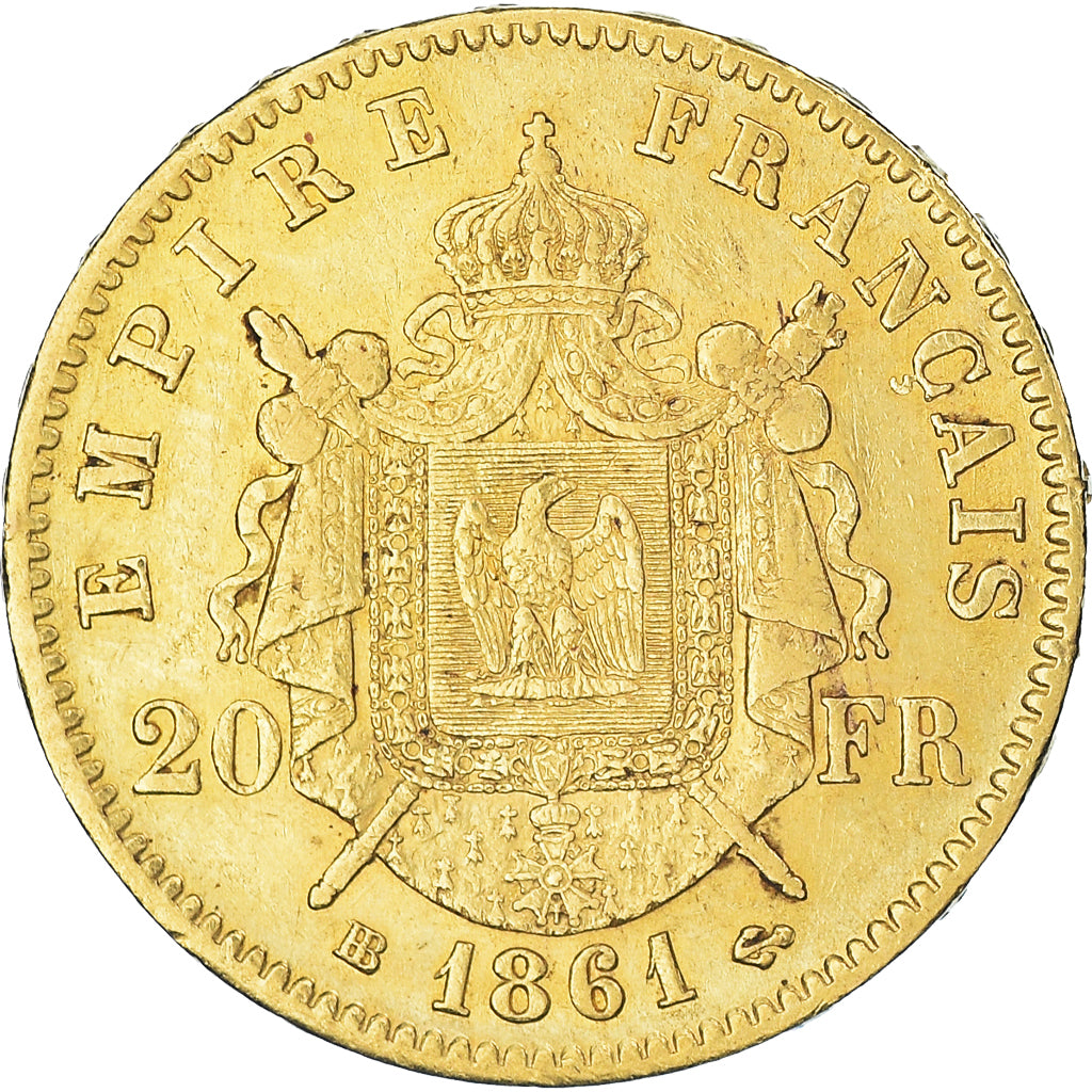 Moeda, França, Napoleon III, 20 Francs, 1861, Strasbourg, EF(40-45), Dourado