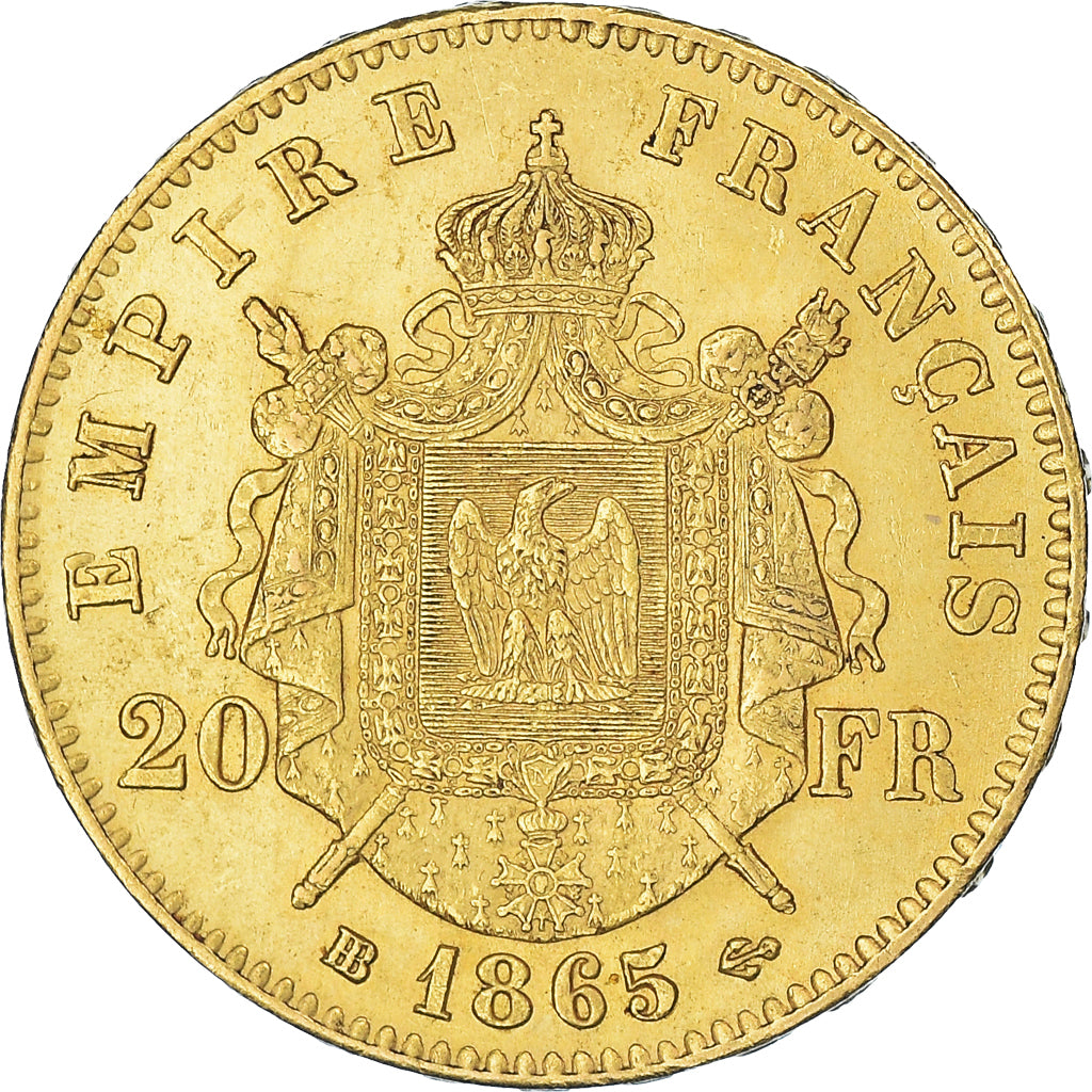 Moneda, Francia, Napoleon III, 20 Francs, 1865, Strasbourg, MBC+, Oro, KM:801.2