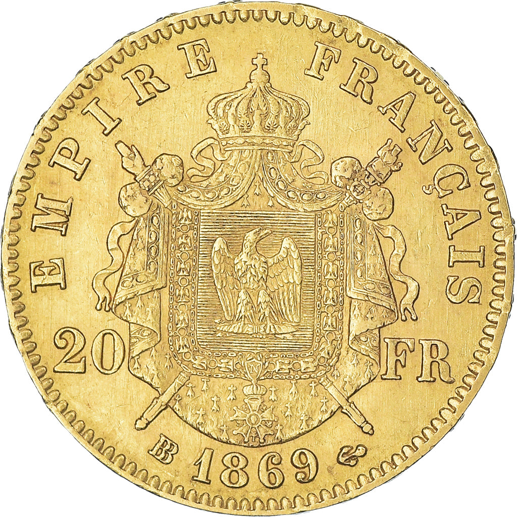 Moneda, Francia, Napoleon III, 20 Francs, 1869, Strasbourg, grand BB, MBC+, Oro