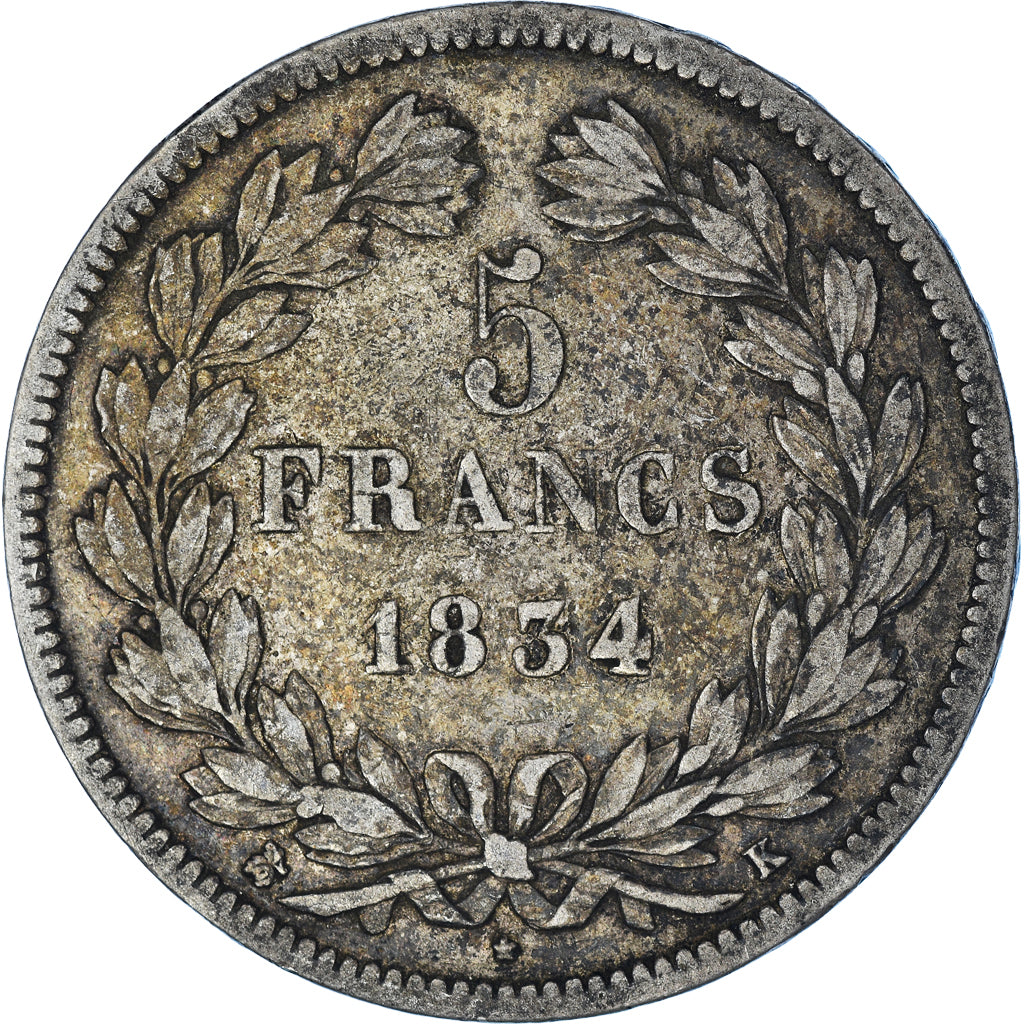 Moneta, Francia, Louis-Philippe, 5 Francs, 1834, Bordeaux, MB, Argento