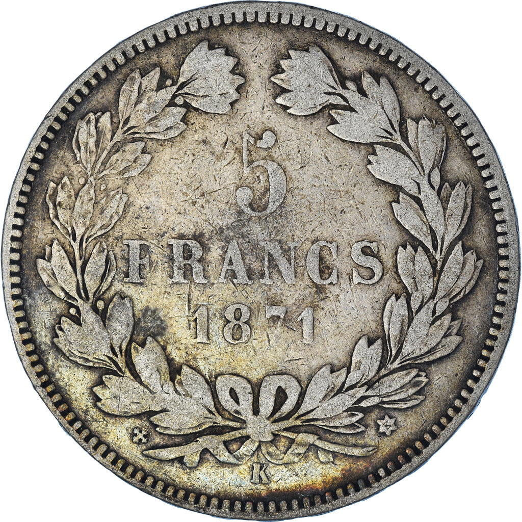 Coin, France, Cérès, 5 Francs, 1871, Bordeaux, VF(30-35), Silver, KM:818.2
