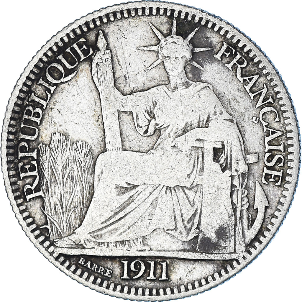 Coin, FRENCH INDO-CHINA, 10 Cents, 1911, Paris, VF(30-35), Silver