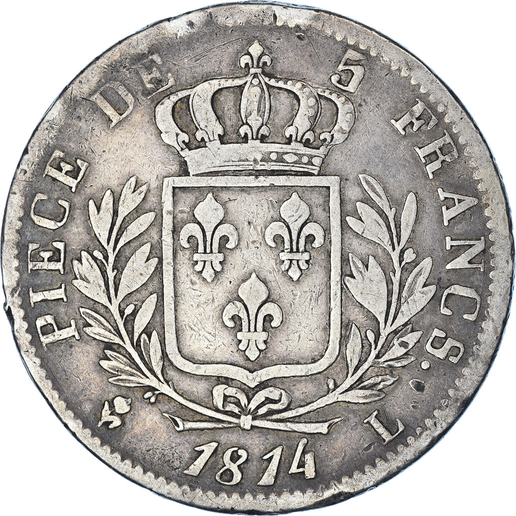 Coin, France, Louis XVIII, 5 Francs, 1814, Bayonne, VF(30-35), Silver, KM:702.8