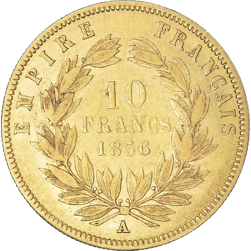Moneda, Francia, Napoleon III, 10 Francs, 1856, Paris, BC+, Oro, KM:784.3