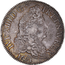 Moneda, Francia, Louis XIV, 1/2 Écu aux 8 L, 1/2 Ecu, 1691, Paris, MBC, Plata