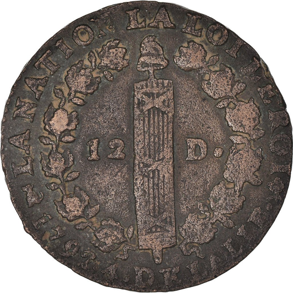 Moeda, França, Louis XVI, 12 Deniers, 1792, Saumur, EF(40-45), Bronze