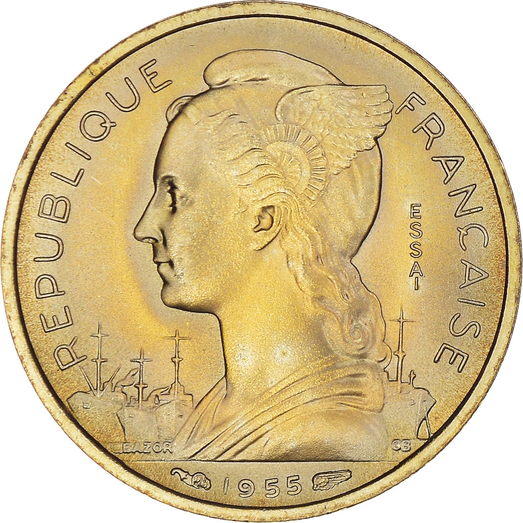 Coin, Réunion, 10 Francs, 1955, Paris, ESSAI, MS(65-70), Aluminum-Bronze