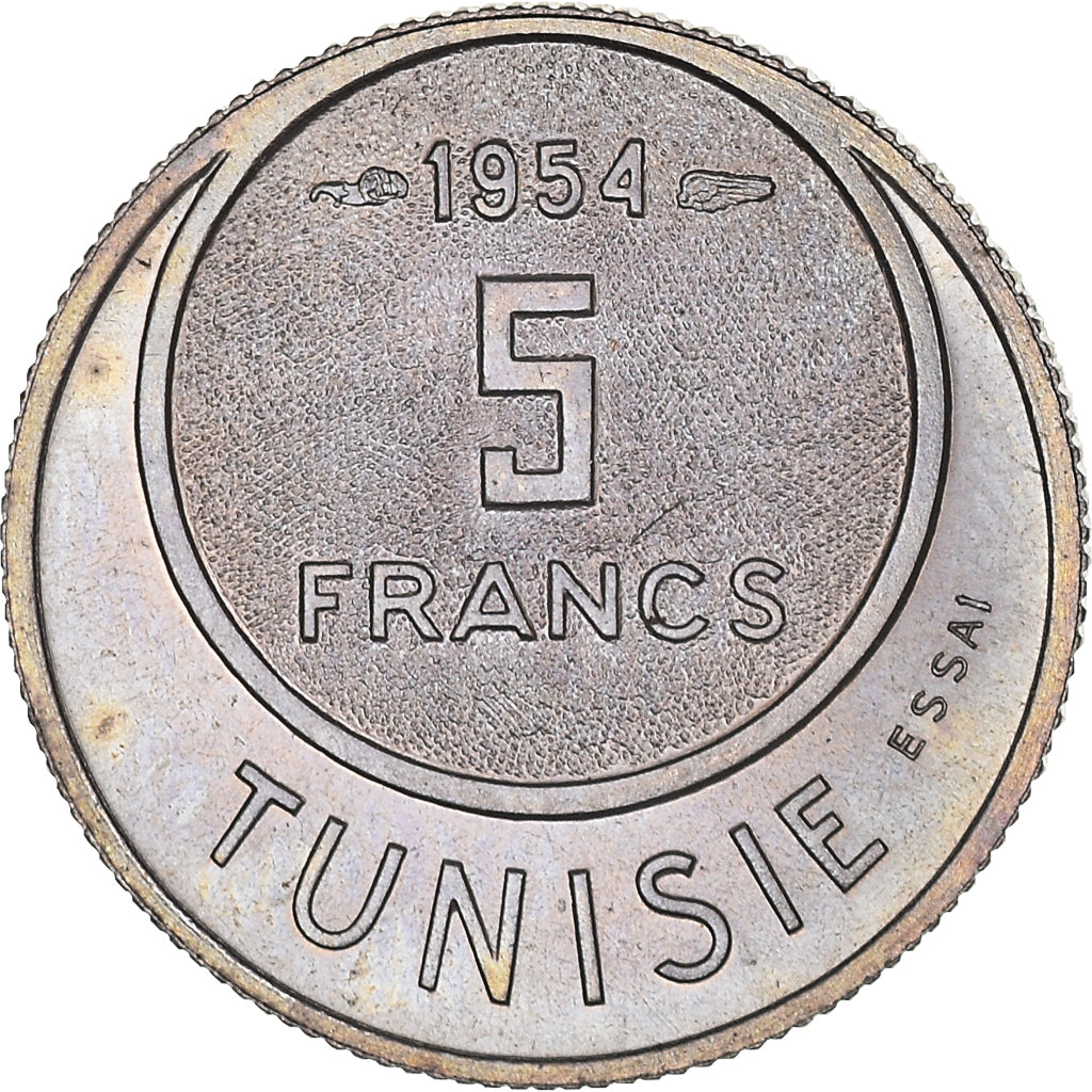 Moneta, Tunisia, Muhammad al-Amin Bey, 5 Francs, 1954, Paris, PRÓBA, MS(65-70)
