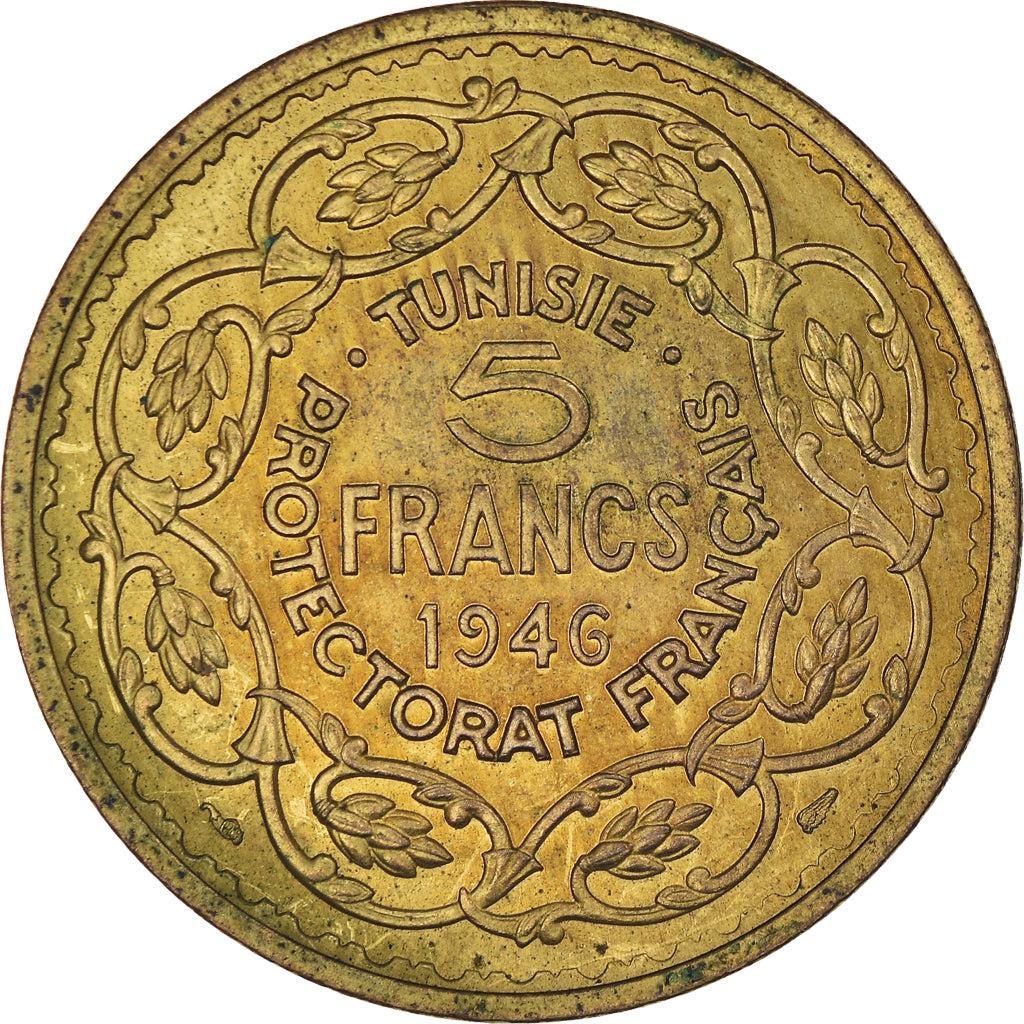Moneta, Tunisia, Muhammad al-Amin Bey, 5 Francs, 1946, Paris, PRÓBA, MS(63)