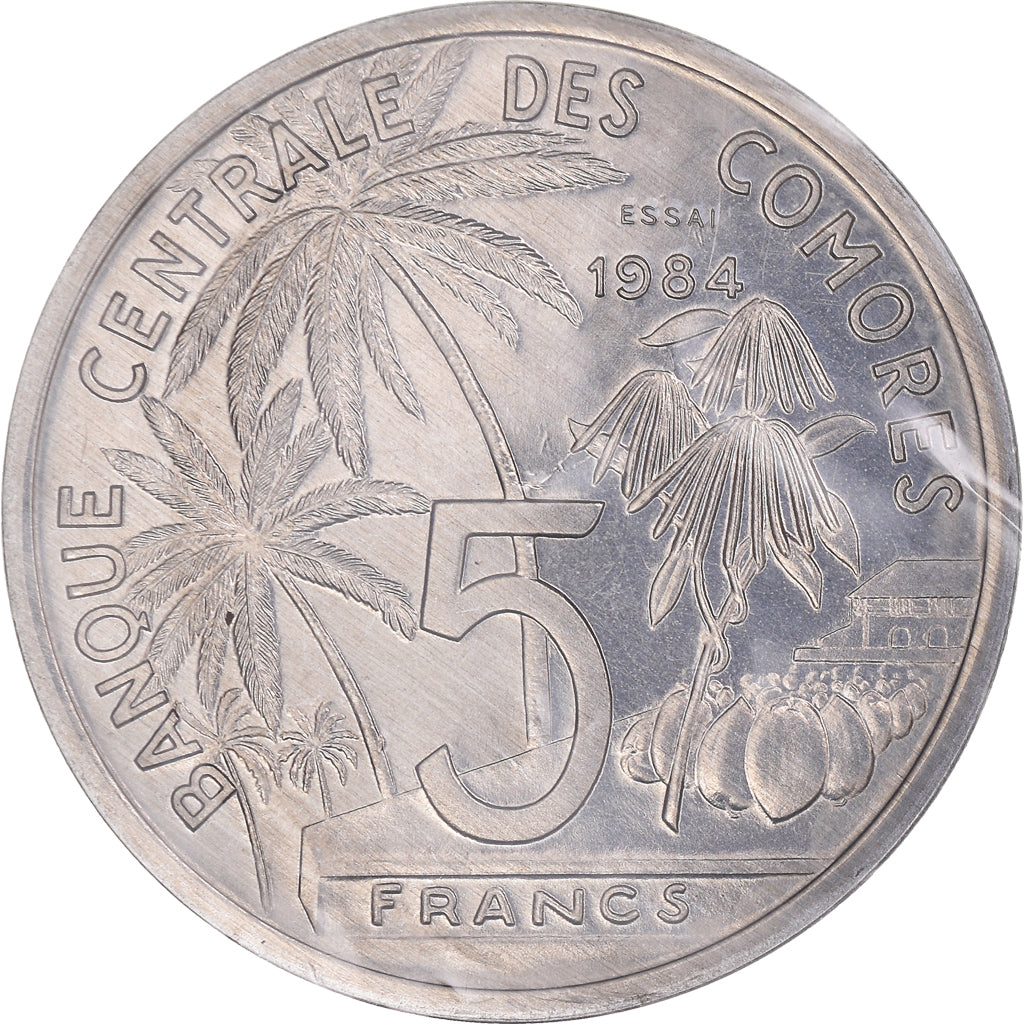 Coin, Comoros, 5 Francs, 1984, Paris, ESSAI, MS(65-70), Aluminium, KM:E9