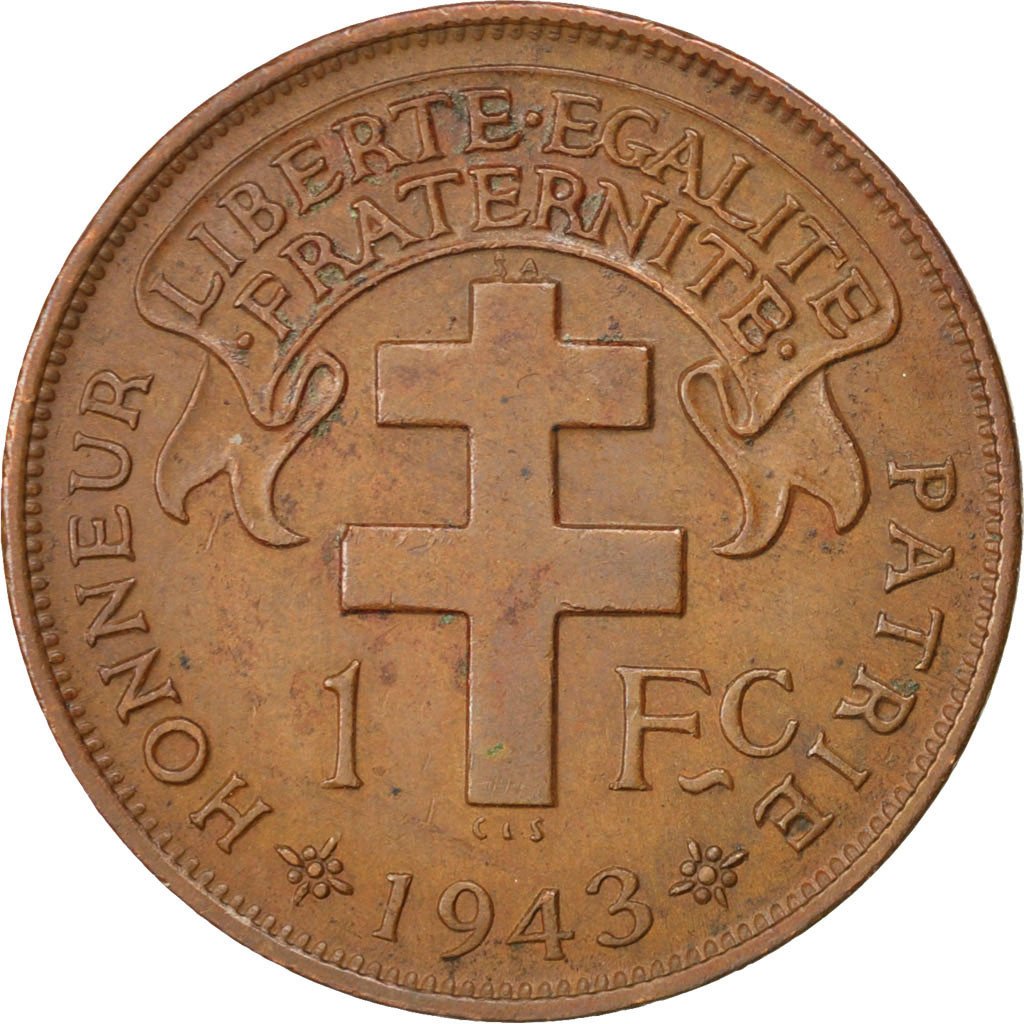CAMEROON, Franc, 1943, Pretoria, KM #7, EF(40-45), Bronze, 25, Lecompte #16,...