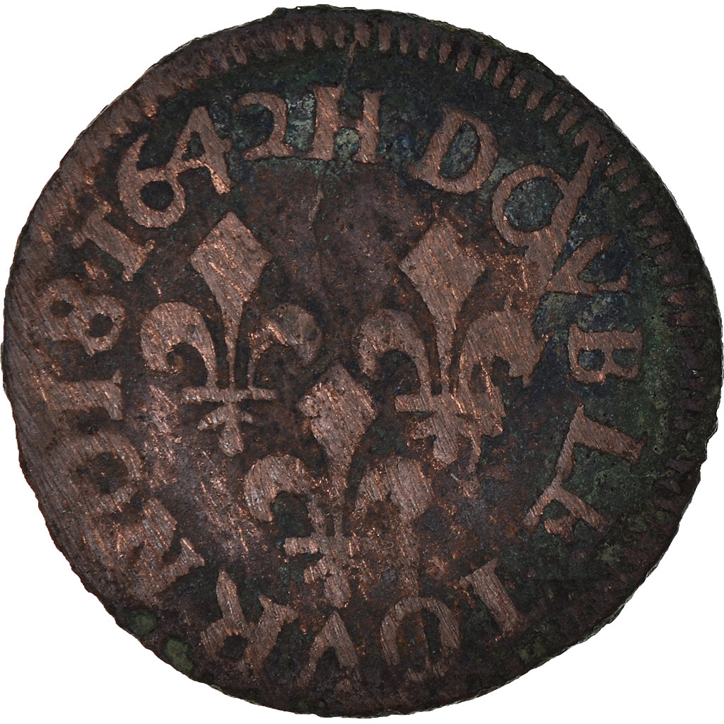 Coin, France, Louis XIII, Double Tournois, 1642, La Rochelle, F(12-15), Copper