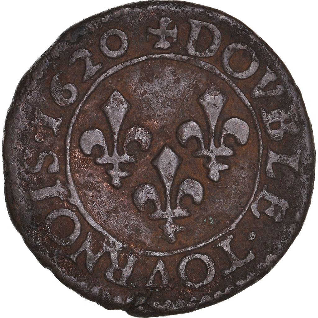 Coin, France, Louis XIII, Double Tournois, 1620, Poitiers, VF(30-35), Copper