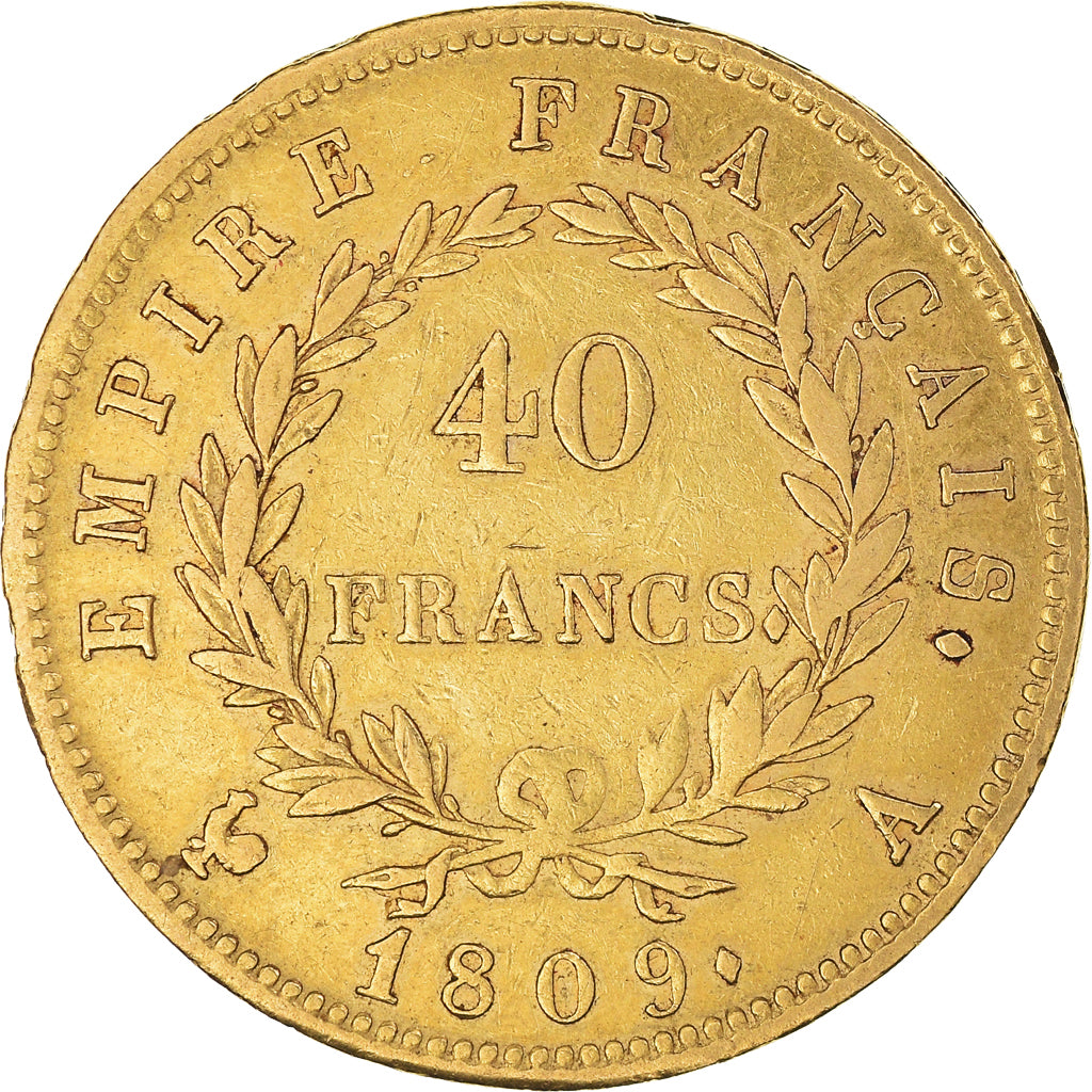 Moeda, França, Napoléon I, 40 Francs, 1809, Paris, VF(30-35), Dourado