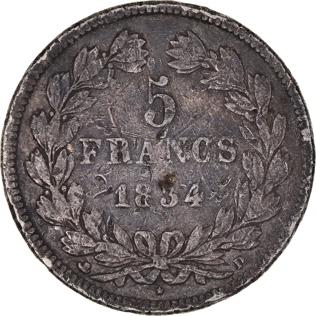 Coin, France, Louis-Philippe, 5 Francs, 1834, Lyon, VF(20-25), Silver, KM:749.4