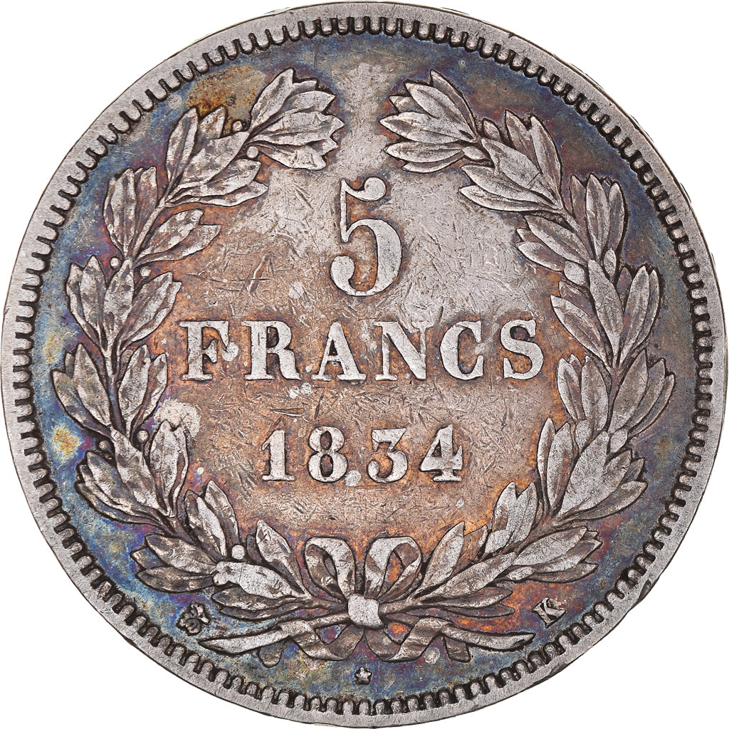 Coin, France, Louis-Philippe, 5 Francs, 1834, Bordeaux, VF(30-35), Silver
