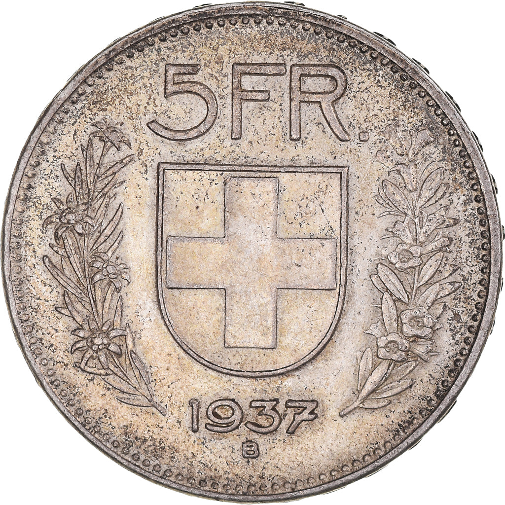 Coin, Switzerland, 5 Francs, 1937, Bern, AU(50-53), Silver, KM:40