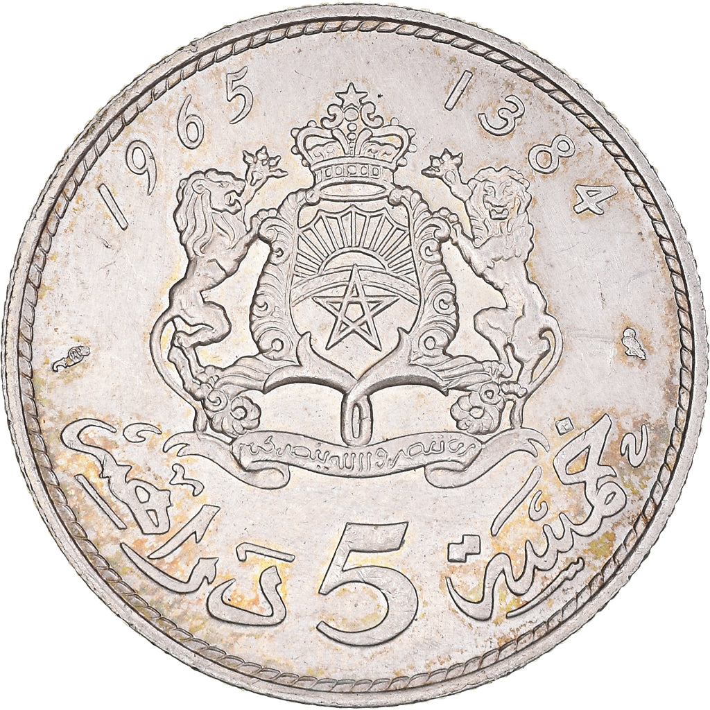 Coin, Morocco, al-Hassan II, 5 Dirhams, 1965, Paris, AU(55-58), Silver, KM:57