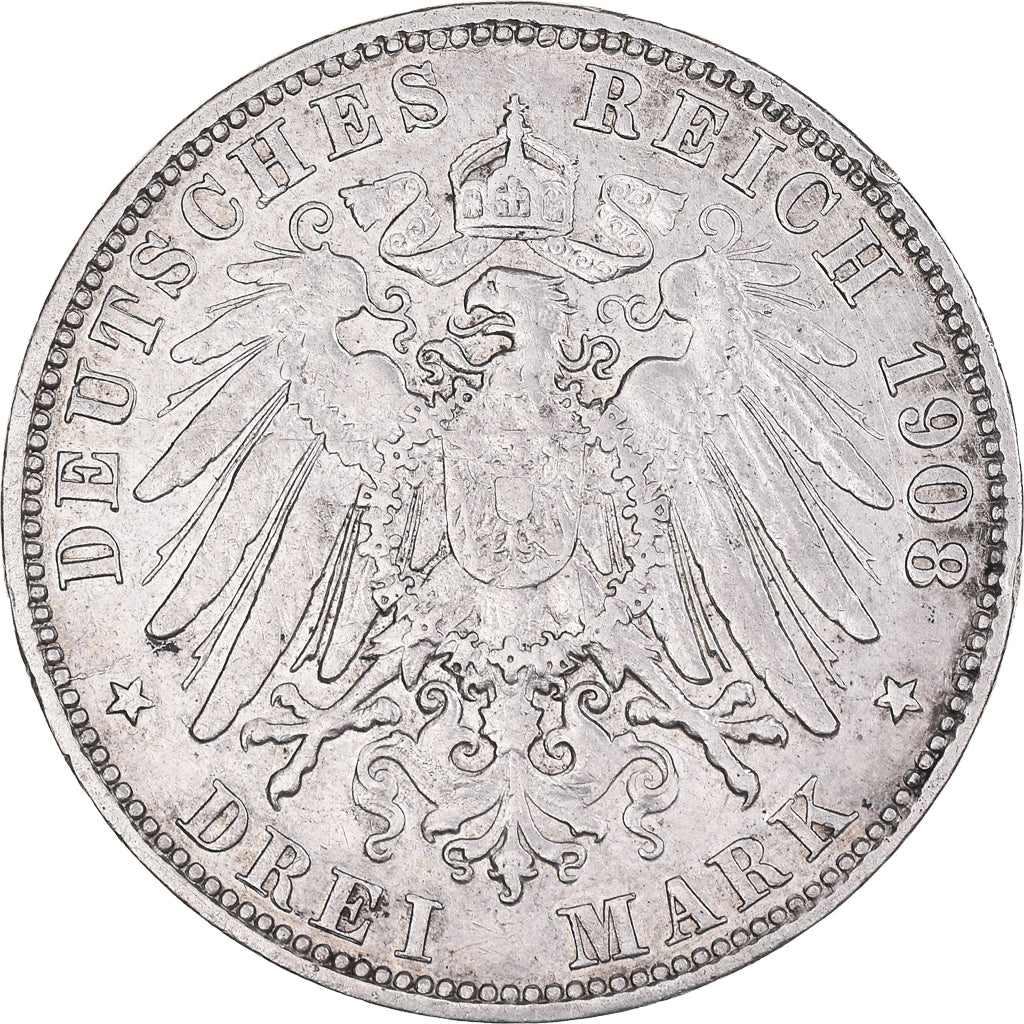 Moneda, Estados alemanes, HAMBURG, 3 Mark, 1908, Hamburg, MBC, Plata, KM:620