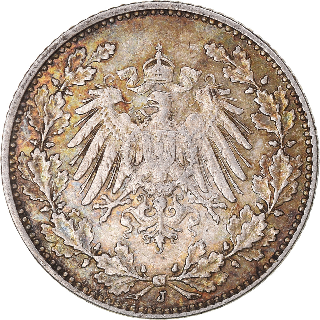 Coin, GERMANY - EMPIRE, 1/2 Mark, 1914, Hambourg, AU(50-53), Silver, KM:17