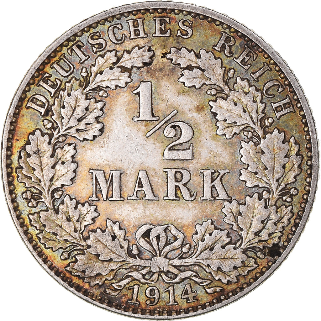 Coin, GERMANY - EMPIRE, 1/2 Mark, 1914, Hambourg, AU(50-53), Silver, KM:17