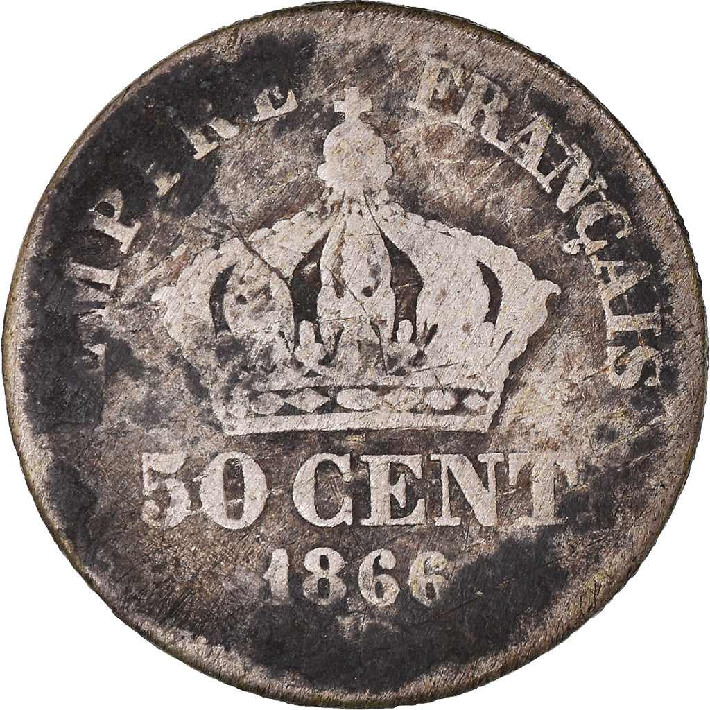 Coin, France, Napoleon III, 50 Centimes, 1866, Strasbourg, F(12-15), Silver