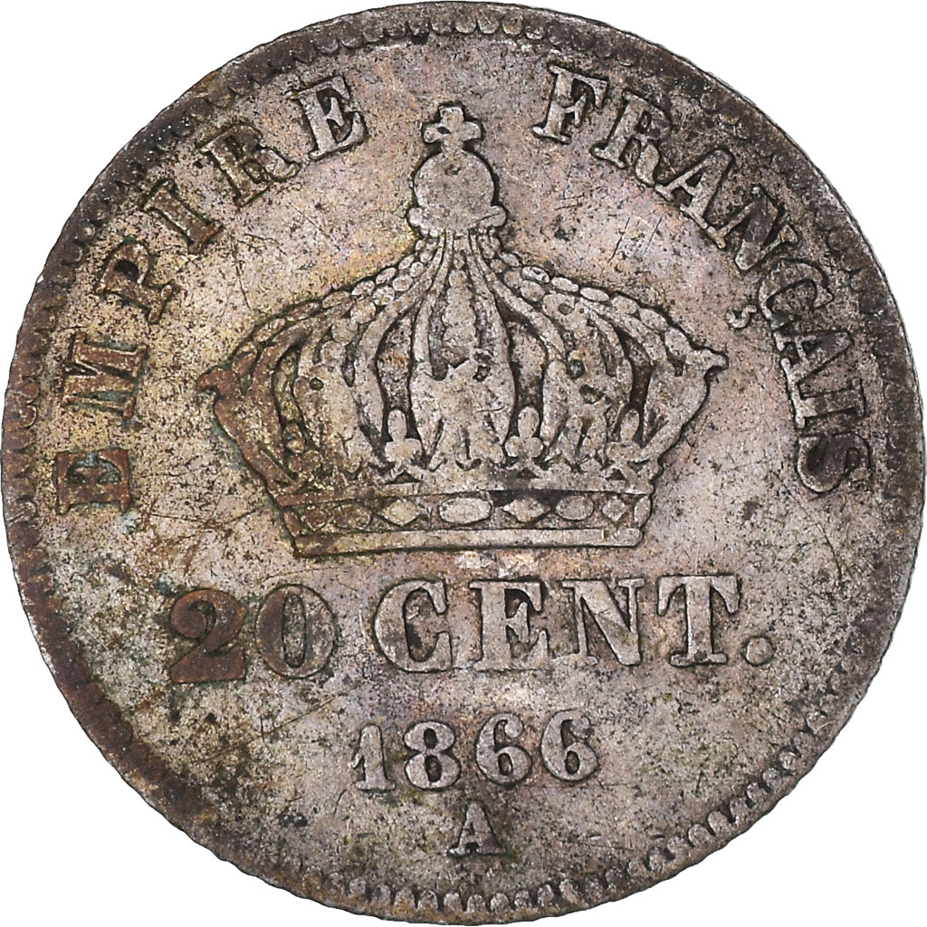 Moeda, França, Napoleon III, 20 Centimes, 1866, Paris, F(12-15), Prata