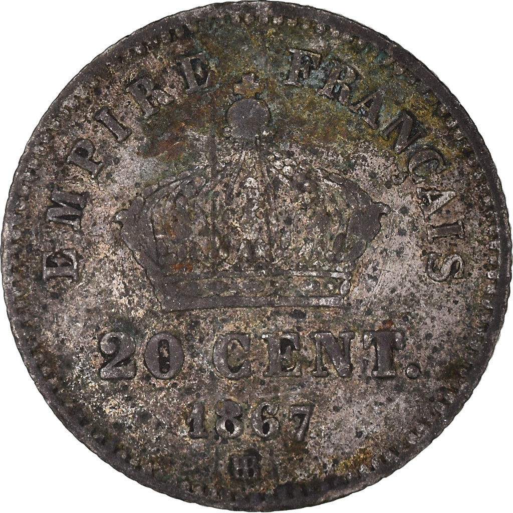 Moneda, Francia, Napoleon III, 20 Centimes, 1867, Strasbourg, BC+, Plata