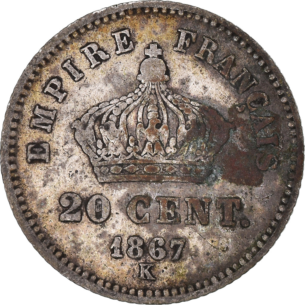 Moneta, Francja, Napoleon III, 20 Centimes, 1867, Bordeaux, VF(20-25), Srebro