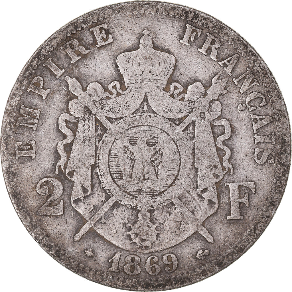 Moneda, Francia, Napoleon III, 2 Francs, 1869, Paris, BC+, Plata, KM:807.1