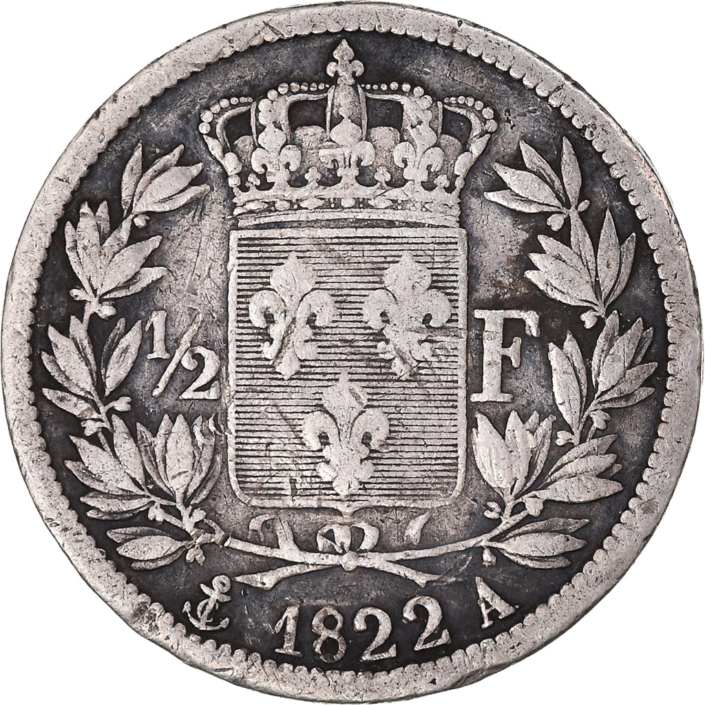 Monnaie, France, Louis XVIII, 1/2 Franc, 1822, Paris, TB+, Argent, Gadoury:401