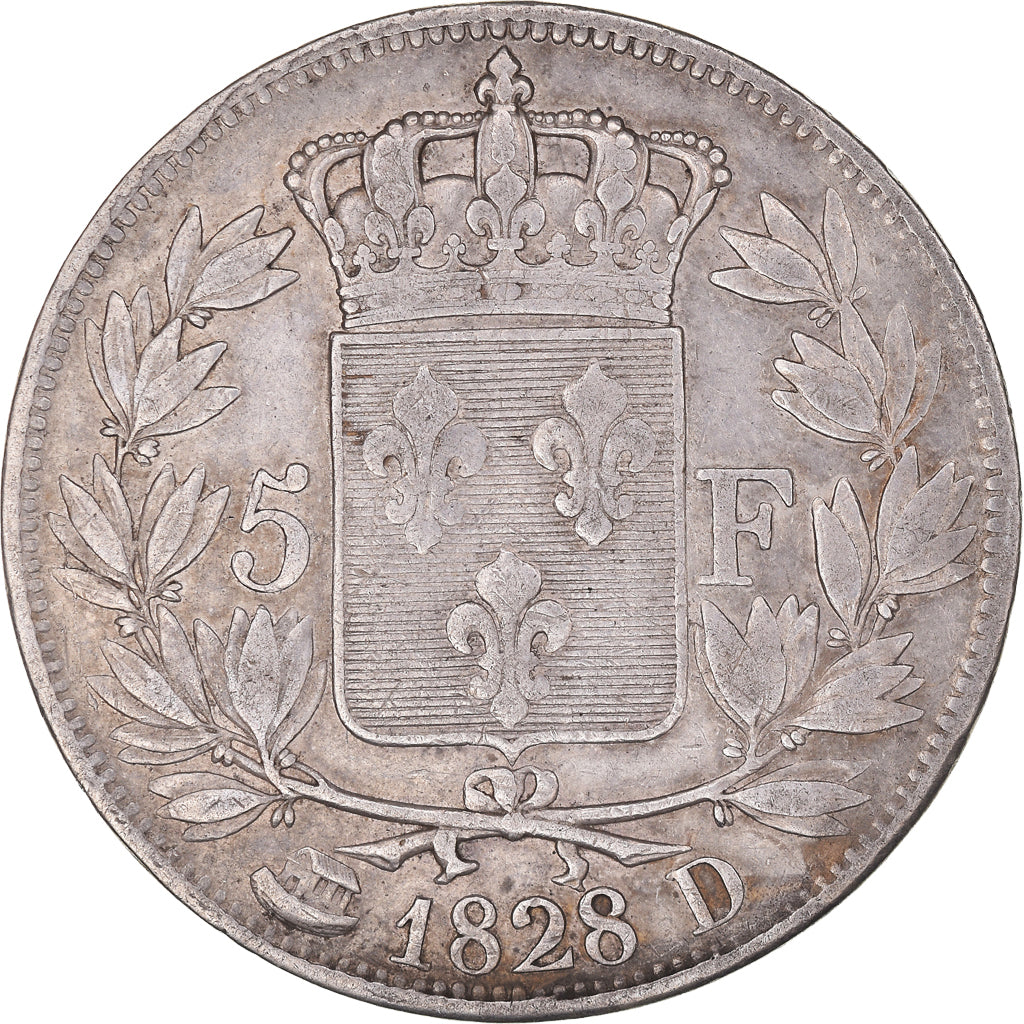 Coin, France, Charles X, 5 Francs, 1828, Lyon, VF(30-35), Silver, KM:728.4