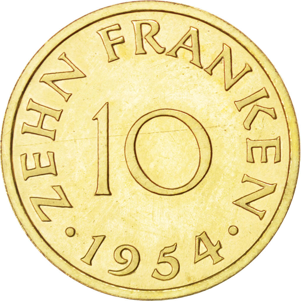 Coin, SAARLAND, 10 Franken, 1954, Paris, AU(55-58), Aluminum-Bronze, KM:E1