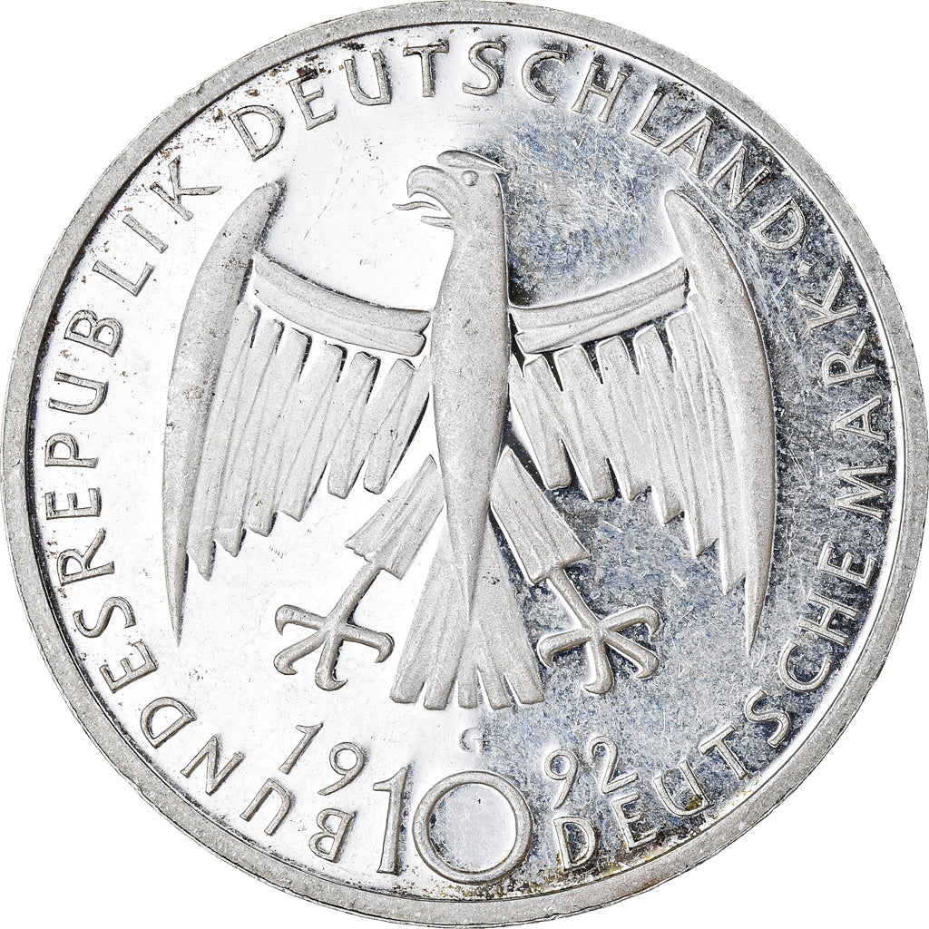 Moneta, Niemcy - RFN, 10 Mark, 1992, Karlsruhe, Germany, AU(55-58), Srebro