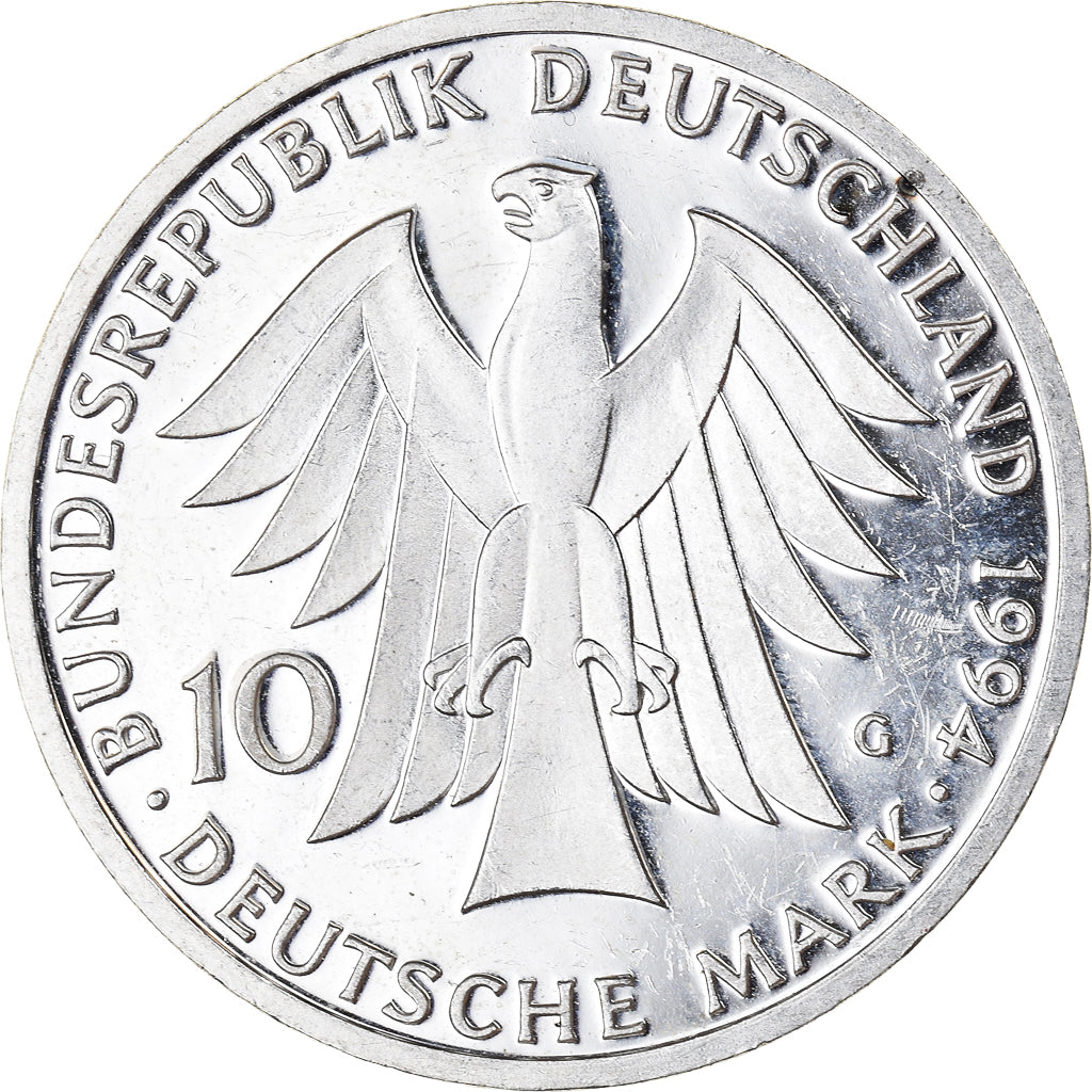 Moneta, Niemcy - RFN, 10 Mark, 1994, Karlsruhe, Germany, AU(55-58), Srebro