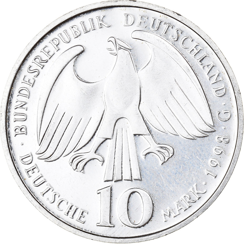 Coin, GERMANY - FEDERAL REPUBLIC, 10 Mark, 1998, Karlsruhe, MS(63), Silver