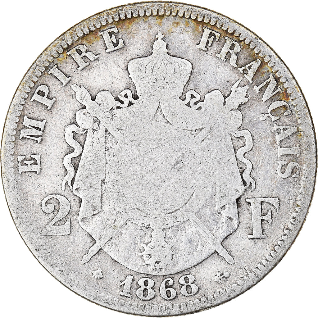 Moneda, Francia, Napoleon III, 2 Francs, 1868, Paris, BC, Plata, KM:807.1
